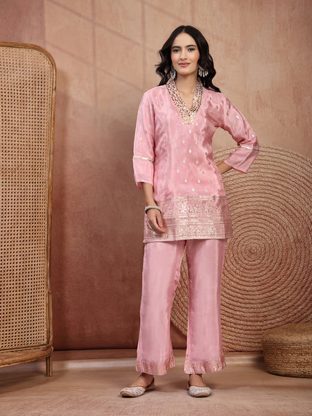 Blush Pink Silk Tunic Palazzo Set with V-Neck