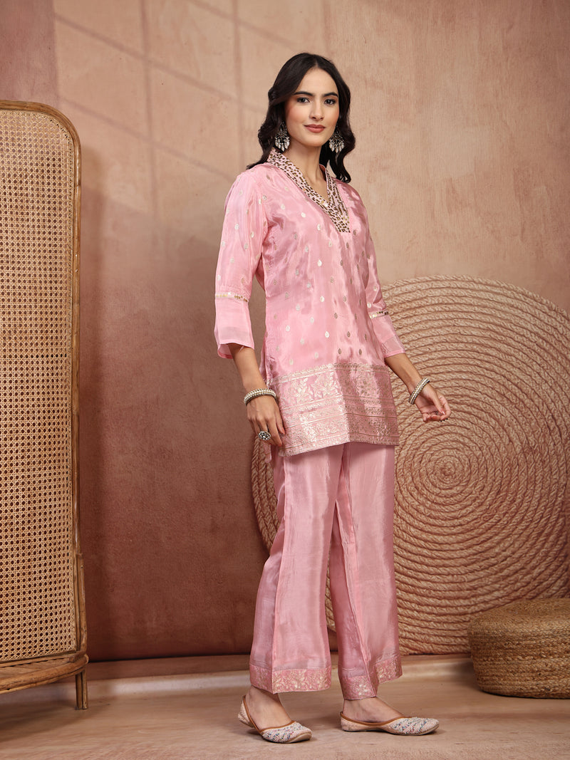 Blush Pink Silk Tunic Palazzo Set with V-Neck