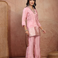 Blush Pink Silk Tunic Palazzo Set with V-Neck