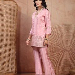 Blush Pink Silk Tunic Palazzo Set with V-Neck