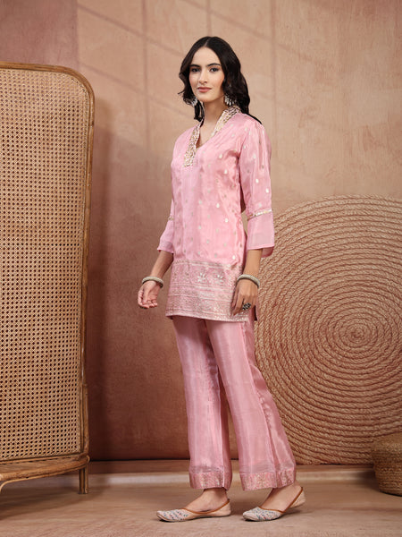 Blush Pink Silk Tunic Palazzo Set with V-Neck