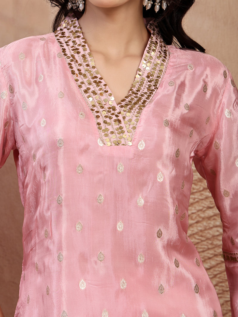 Blush Pink Silk Tunic Palazzo Set with V-Neck