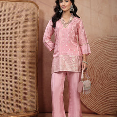 Blush Pink Silk Tunic Palazzo Set with V-Neck