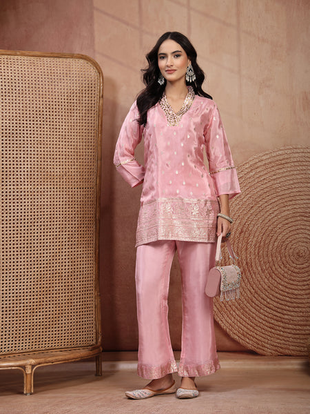 Blush Pink Silk Tunic Palazzo Set with V-Neck