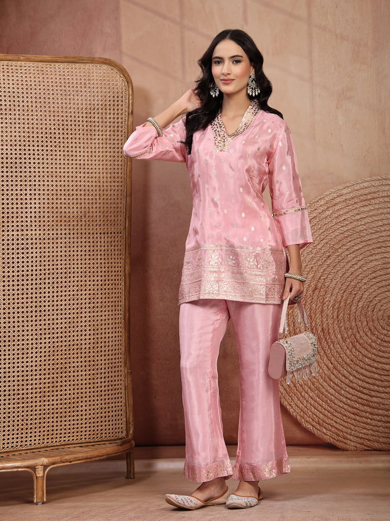 Blush Pink Silk Tunic Palazzo Set with V-Neck