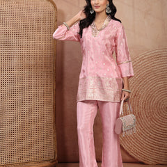 Blush Pink Silk Tunic Palazzo Set with V-Neck