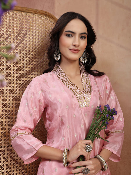 Blush Pink Silk Tunic Palazzo Set with V-Neck