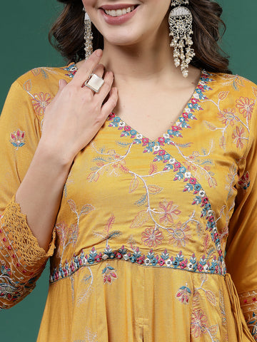 Designer Embroidery & Badhani Print  Cotton Anarkali Kurta  Pent With Dupatta Set