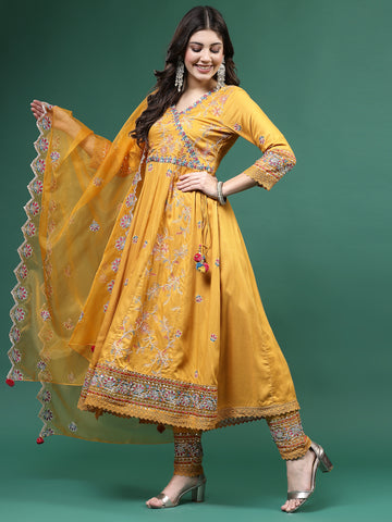 Women Mustard Color Embroidery Angrekha Kurta Pant With Dupatta Set