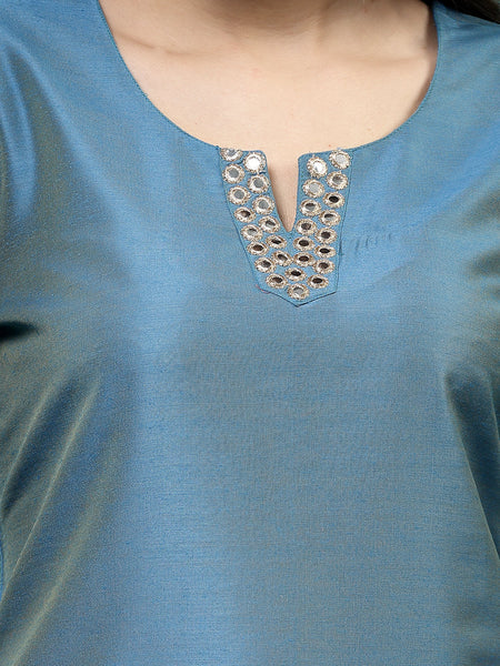 Women Blue Color Embroidery Kurta Pant With Dupatta Set