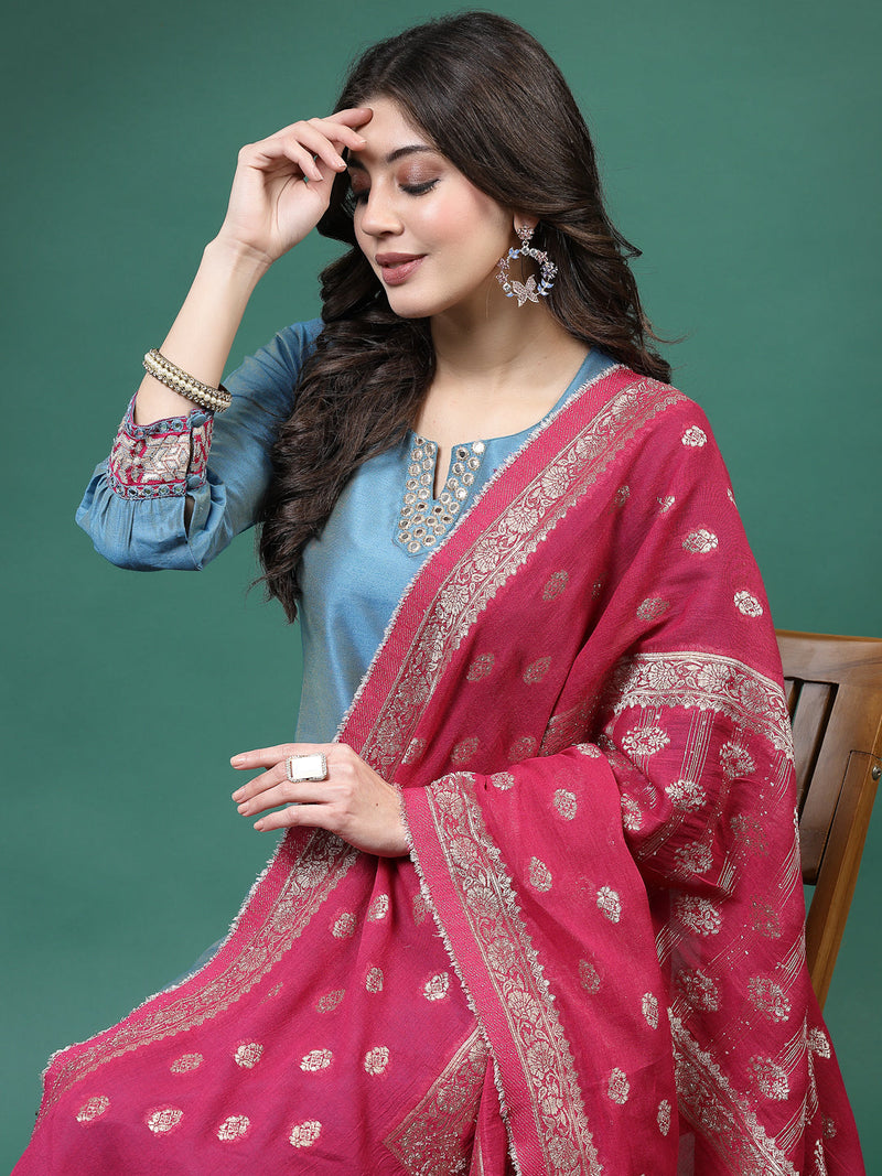 Women Blue Color Embroidery Kurta Pant With Dupatta Set