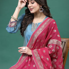 Women Blue Color Embroidery Kurta Pant With Dupatta Set