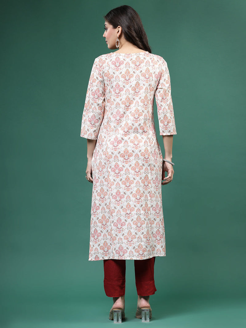 Women Off White Printed Straight Kurtas