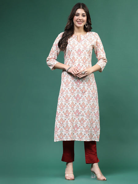 Women Off White Printed Straight Kurtas