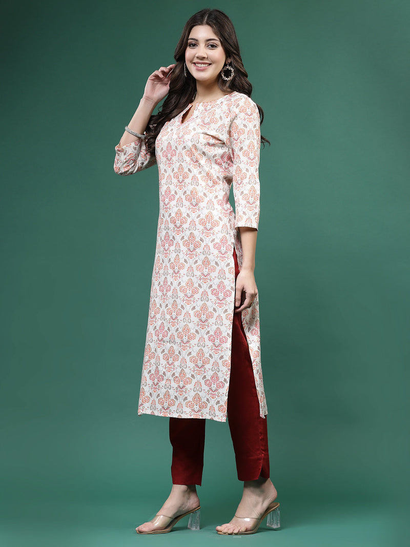 Women Off White Printed Straight Kurtas