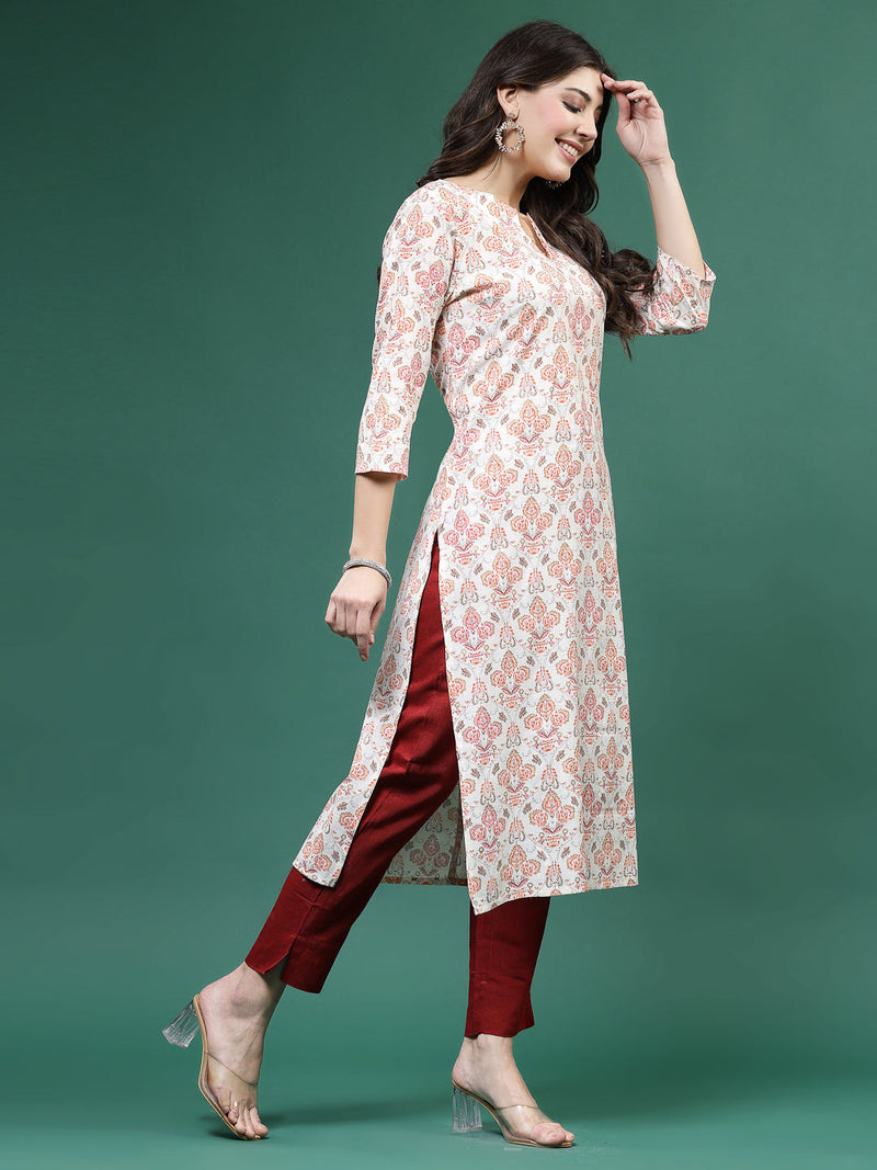 Women Off White Printed Straight Kurtas