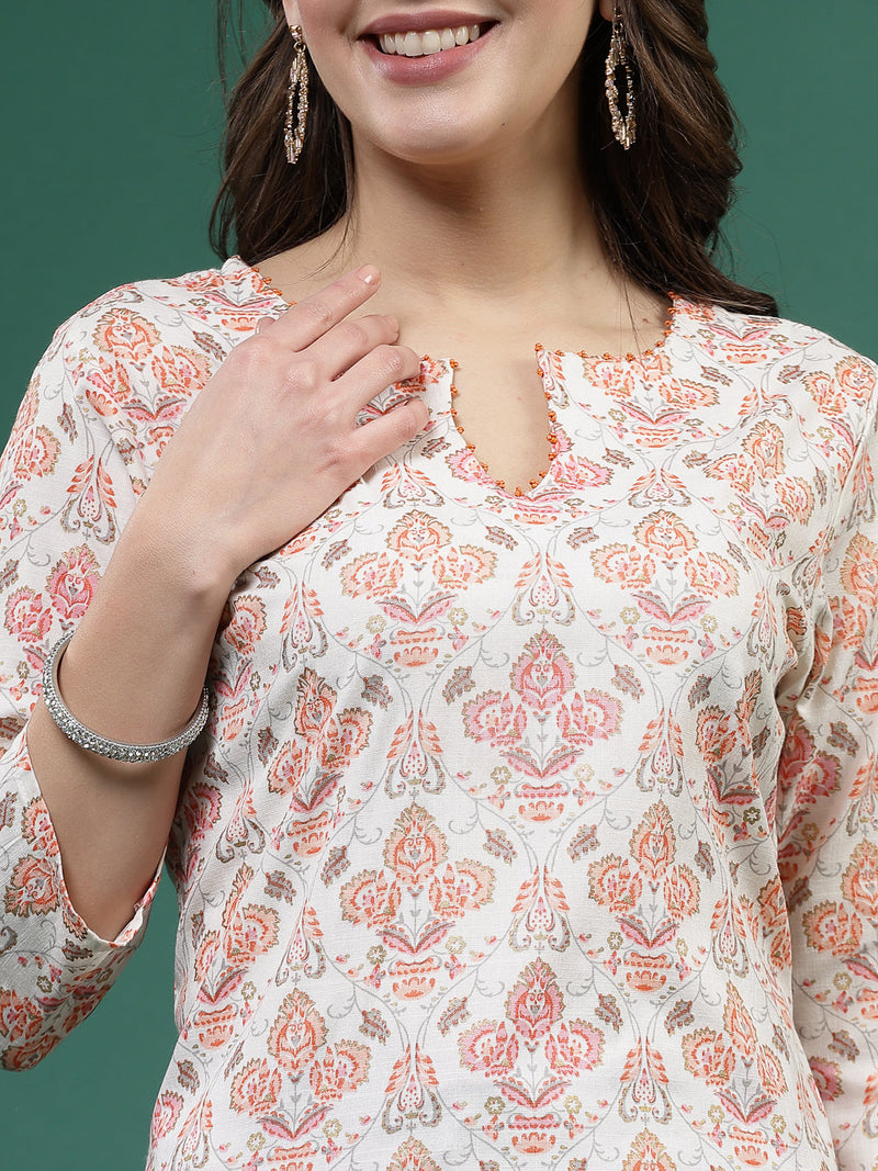 Women Off White Printed Straight Kurtas