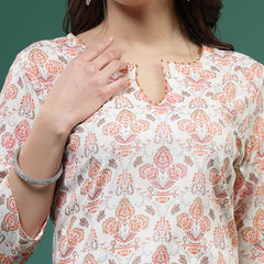 Women Off White Printed Straight Kurtas