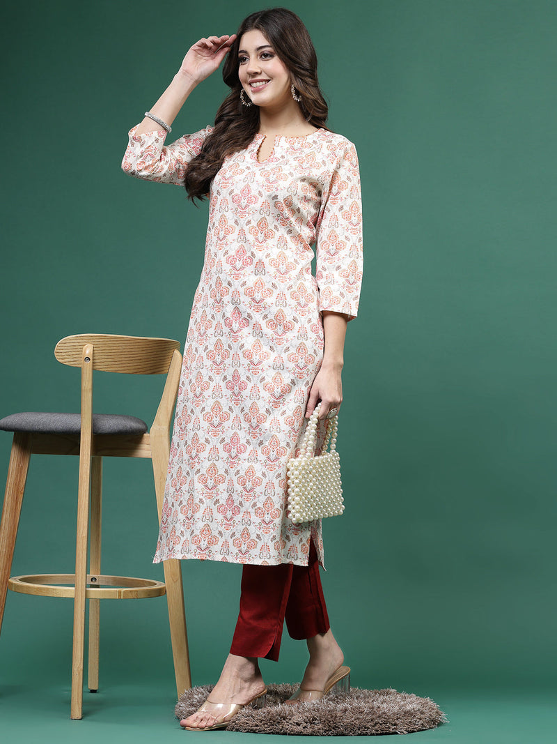 Women Off White Printed Straight Kurtas