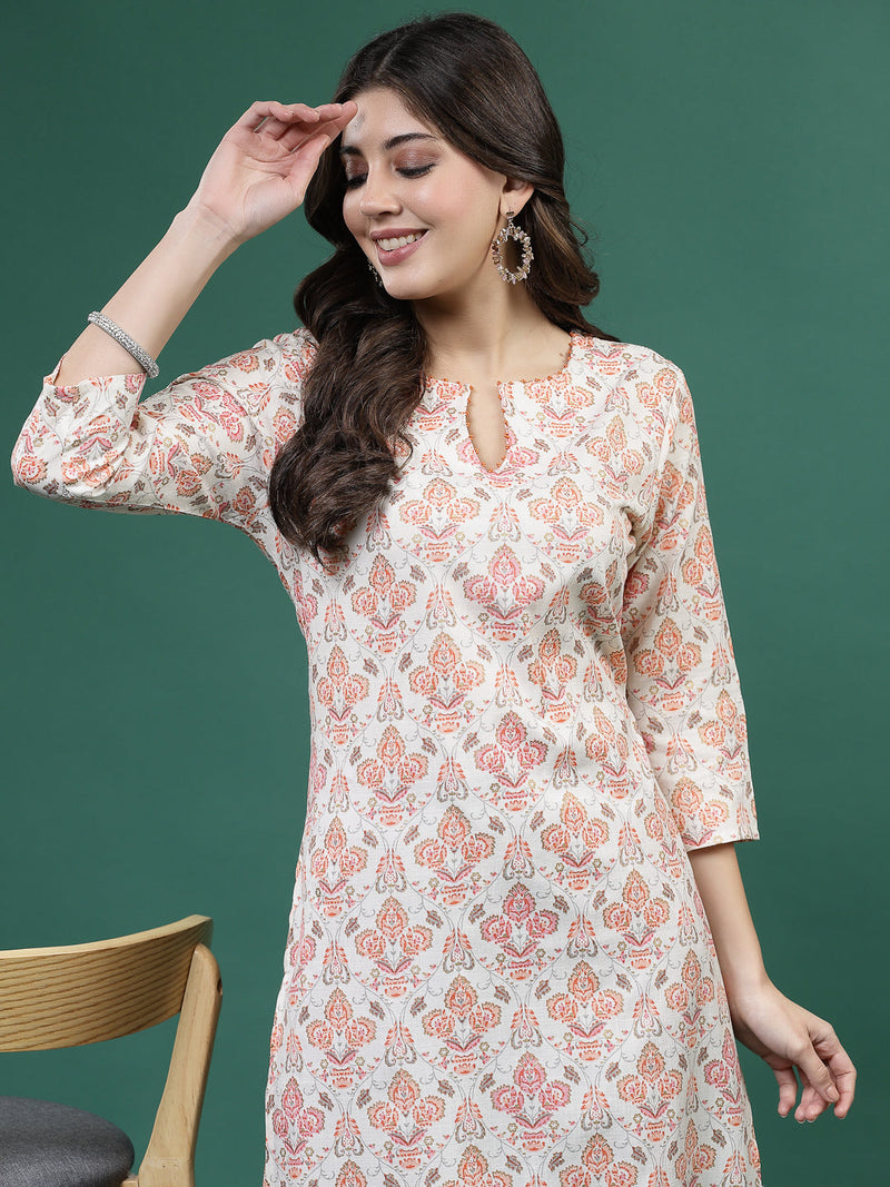 Women Off White Printed Straight Kurtas