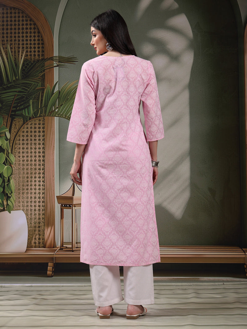 Women Floral Printed Thread Work Notch Neck Pure Cotton Straight Kurta