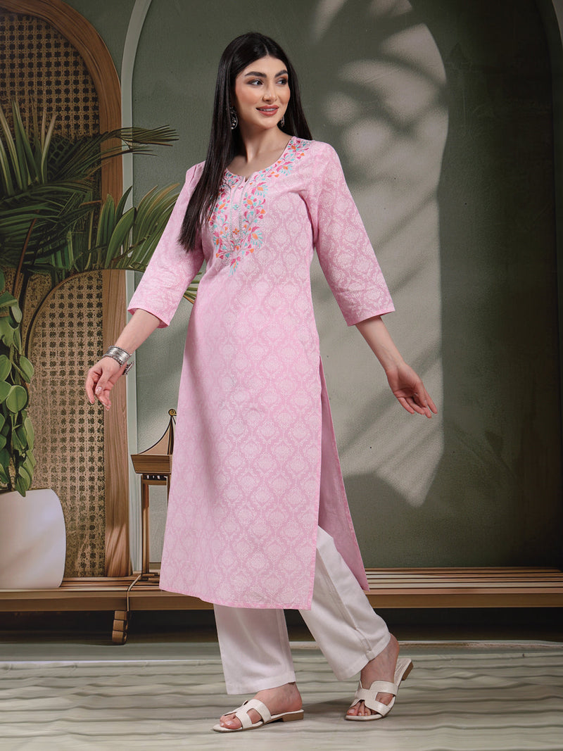 Women Floral Printed Thread Work Notch Neck Pure Cotton Straight Kurta