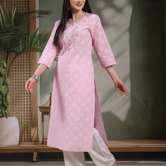 Women Floral Printed Thread Work Notch Neck Pure Cotton Straight Kurta