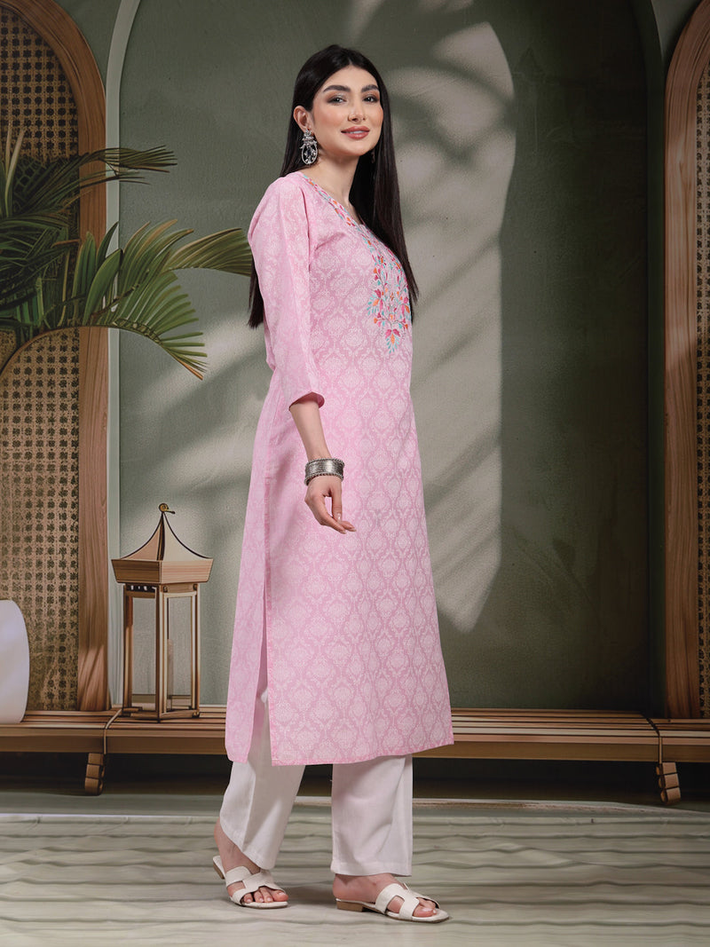 Women Floral Printed Thread Work Notch Neck Pure Cotton Straight Kurta