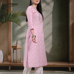 Women Floral Printed Thread Work Notch Neck Pure Cotton Straight Kurta