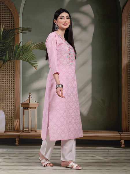 Women Floral Printed Thread Work Notch Neck Pure Cotton Straight Kurta
