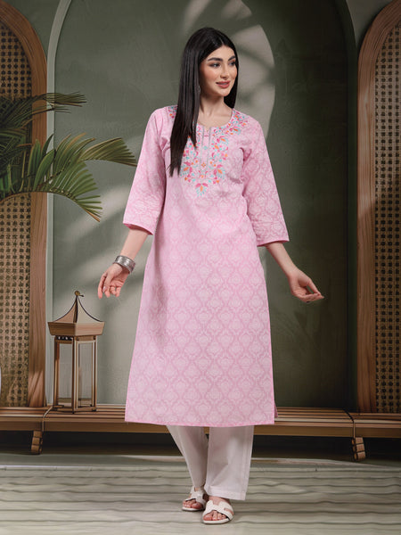 Women Floral Printed Thread Work Notch Neck Pure Cotton Straight Kurta