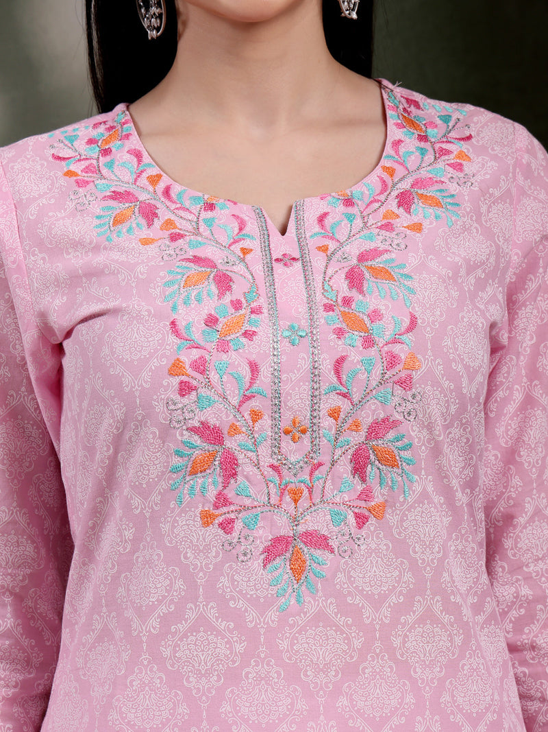 Women Floral Printed Thread Work Notch Neck Pure Cotton Straight Kurta