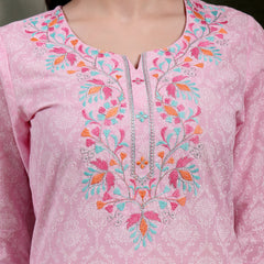 Women Floral Printed Thread Work Notch Neck Pure Cotton Straight Kurta
