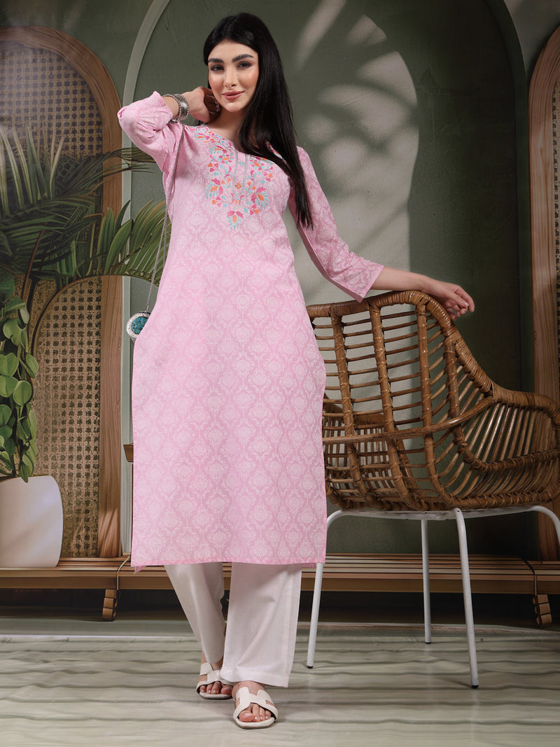 Women Floral Printed Thread Work Notch Neck Pure Cotton Straight Kurta