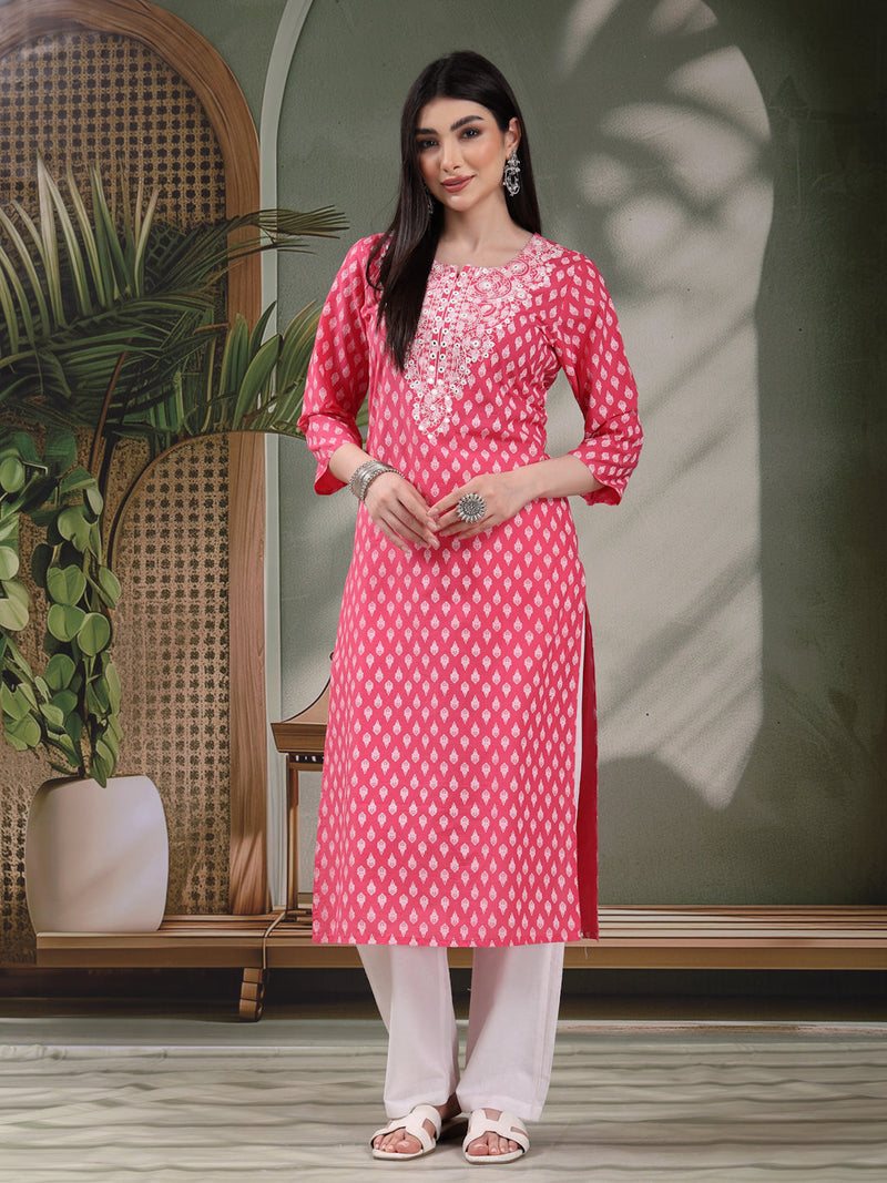 Women Floral Printed Festive Cotton Straight Kurta