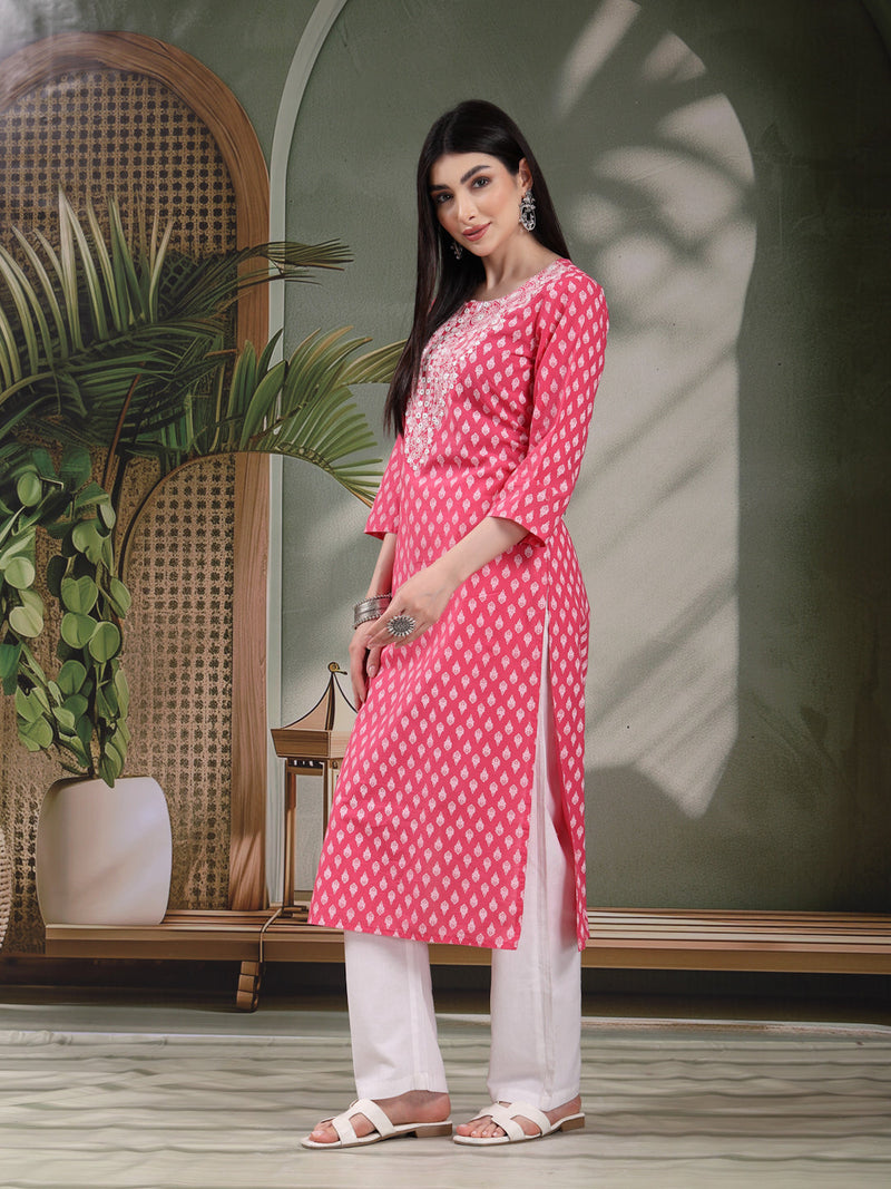 Women Floral Printed Festive Cotton Straight Kurta