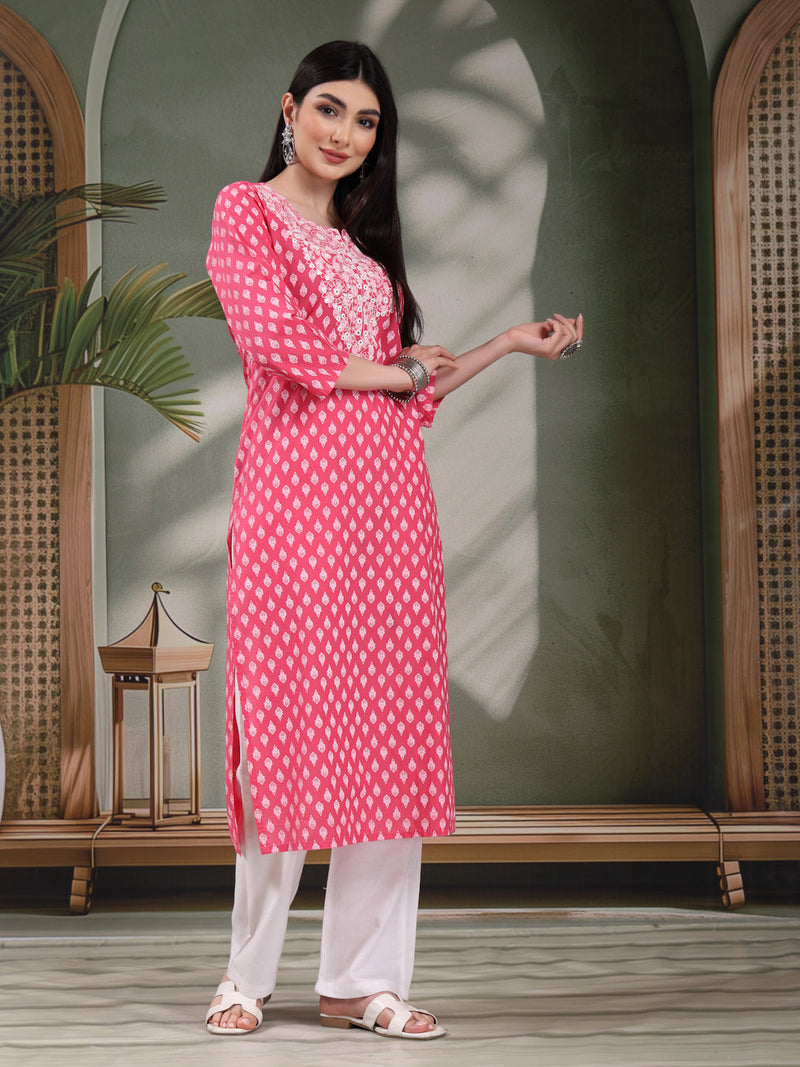 Women Floral Printed Festive Cotton Straight Kurta