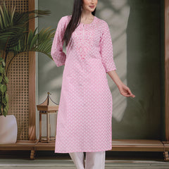 Women Floral Printed Thread Work Notch Neck Pure Cotton Straight Kurta