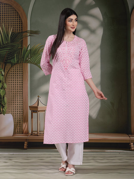 Women Floral Printed Thread Work Notch Neck Pure Cotton Straight Kurta