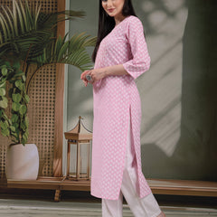 Women Floral Printed Thread Work Notch Neck Pure Cotton Straight Kurta