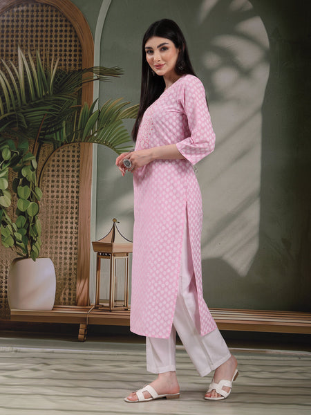 Women Floral Printed Thread Work Notch Neck Pure Cotton Straight Kurta