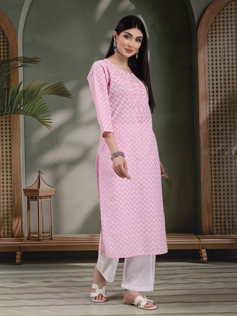 Women Floral Printed Thread Work Notch Neck Pure Cotton Straight Kurta