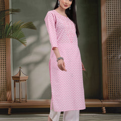 Women Floral Printed Thread Work Notch Neck Pure Cotton Straight Kurta