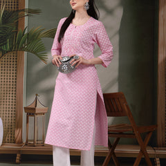 Women Floral Printed Thread Work Notch Neck Pure Cotton Straight Kurta