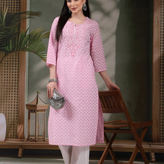 Women Floral Printed Thread Work Notch Neck Pure Cotton Straight Kurta