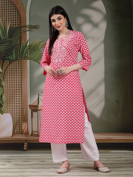 Women Floral Embroidered Festive Cotton Straight Kurtas