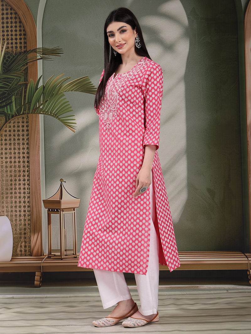 Women Floral Embroidered Festive Cotton Straight Kurtas
