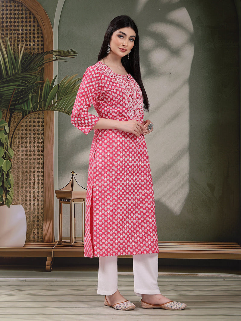 Women Floral Embroidered Festive Cotton Straight Kurtas