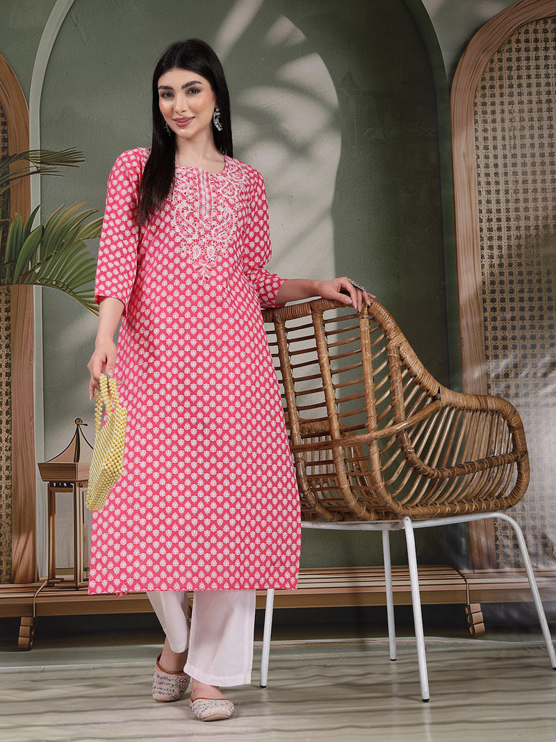 Women Floral Embroidered Festive Cotton Straight Kurtas