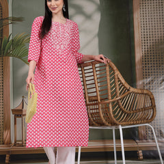 Women Floral Embroidered Festive Cotton Straight Kurtas